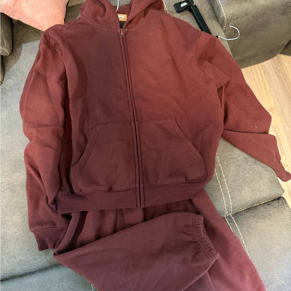 SKIMS Burgundy Sweatpants and Zip Up Set